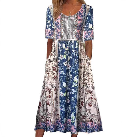 Ladies Casual Crew Neck Pullover Short Sleeve 3D Printing Pleated Waist Swing Long Dress Dress m301299