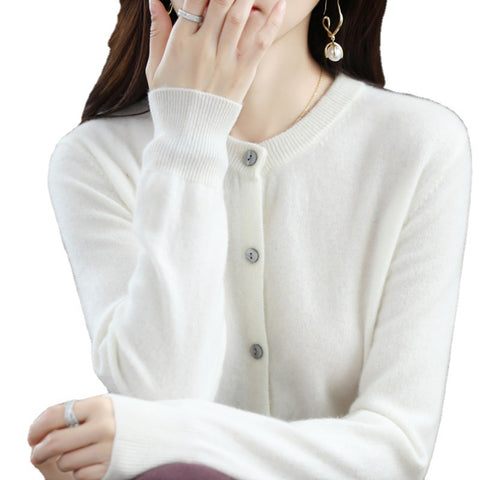 Knitted cardigan early spring crew neck sweater women's long-sleeved solid color versatile jacket women's m301748