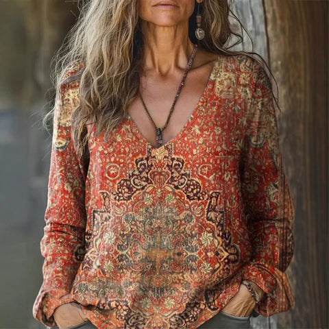 casual V-neck long-sleeved pullover loose digital printing women's top T-shirt m301736