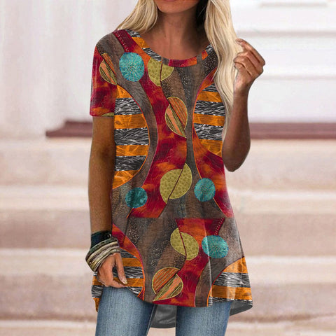 Popular round neck casual ethnic style retro printed short-sleeved T-shirt m301756