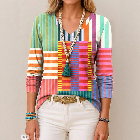 Printed loose long-sleeved V-neck T-shirt m301566