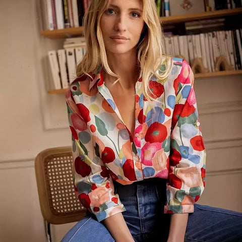 Digital printing women's fashion long-sleeved shirt new hot-selling floral top gorgeous m301604