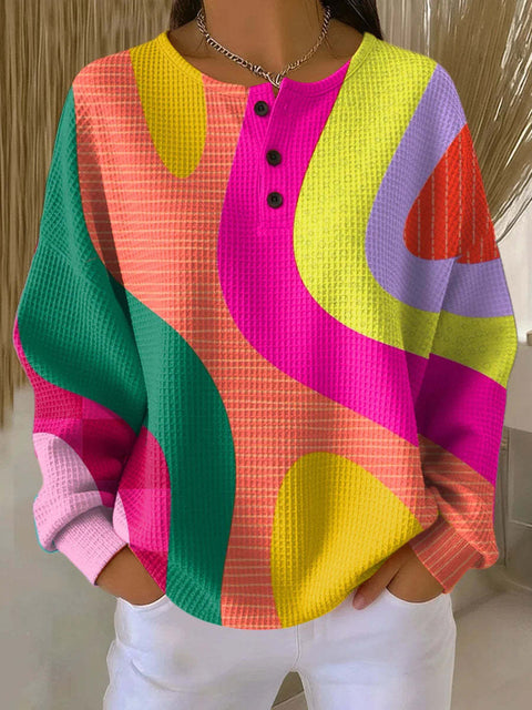 3D-Digitaldruck lockeres lässiges Waffel-Stehkragen-Langarmshirt m303065