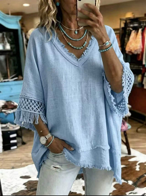 Loose V-neck fringed versatile top m303223
