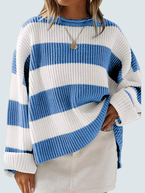 Crew neck long sleeve striped knitted sweater flared sleeve loose sweater women m301591