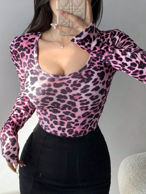 Hot-selling low-neck ribbed knitted women's 3D printing long-sleeved T-shirt m301564