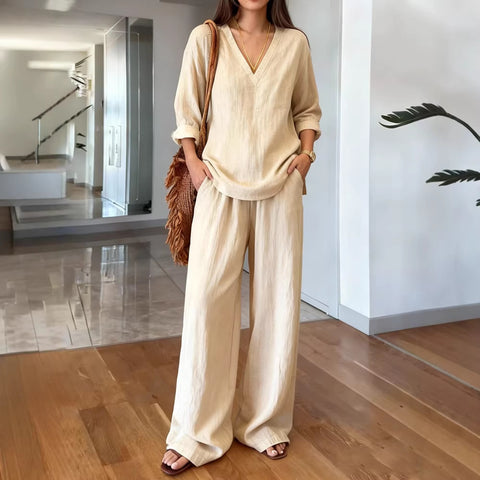 Casual V-neck pullover long sleeve plus trousers washed cotton multi-color m302407