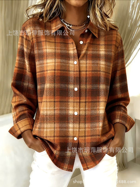 Digital Printed Women's Fashion Retro Lapel Long Sleeve Shirt Top m302117