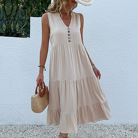 Summer popular sleeveless pleated skirt loose V-neck medium and long dress m300851