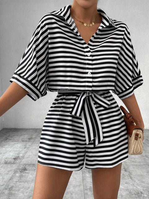 Striped lapel cardigan button medium sleeve belt shorts set onesie women's m301031
