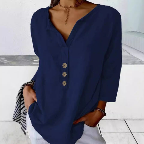 Solid color notch collar shirt casual button blouse m302911
