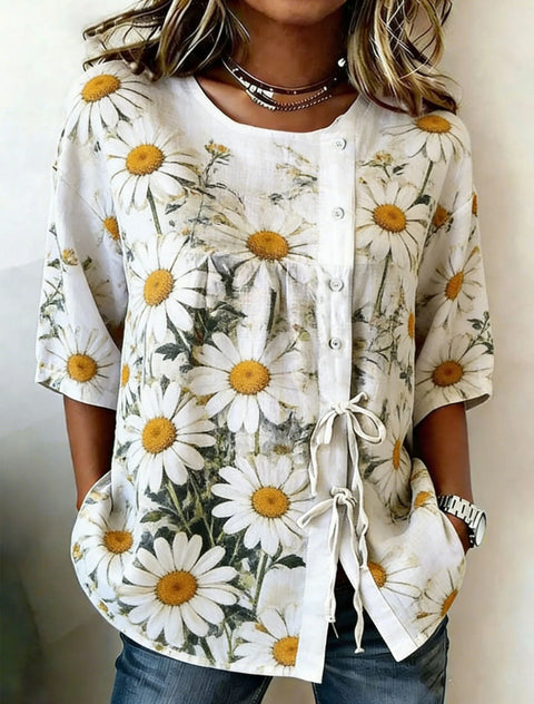 Color matching loose blouse five-button drawstring m302924