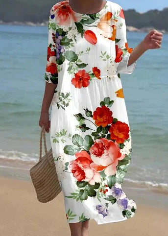 Loose crew neck fashion high-end long-sleeved printed dress m301053