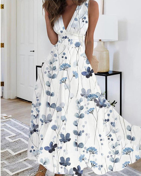 Women's new V-neck with lining high waist sleeveless printed sexy vest dress m301267