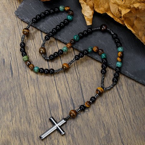Natural stone black gallstone yellow tiger eye iron stone cross necklace hip hop necklace m3331291