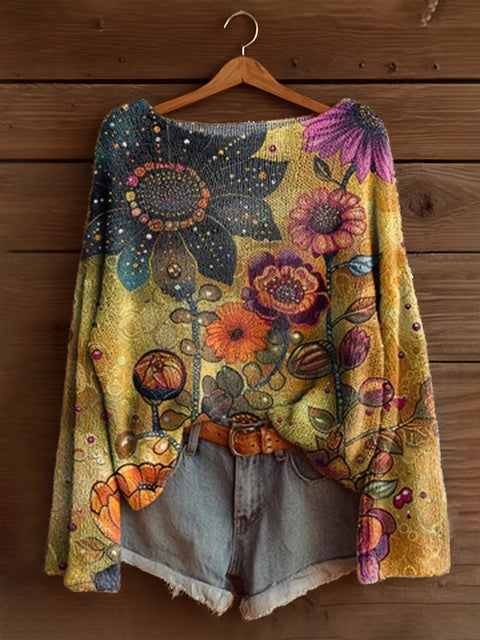 Vacation print casual cape top crew neck knitted sweater m302130