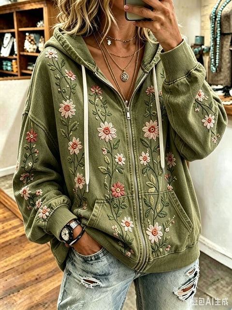 Sequin floral elements 3D digital printing loose casual hooded sweater m303215