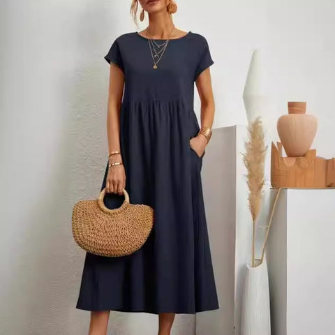 Sleeveless loose cotton and linen pocket dress m301061