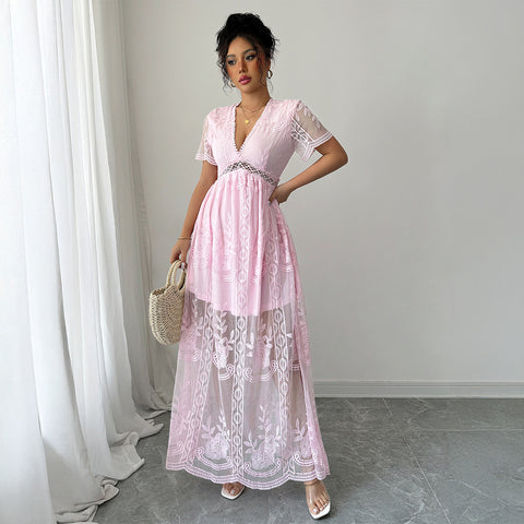 Elegant lace cutout short-sleeved long dress dress m301392