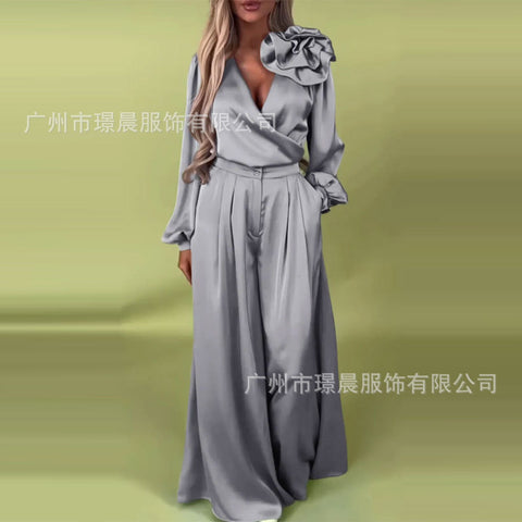 Women's Luxury Elegant V-Neck Satin Long Sleeve Top Wide Leg Pants Set m302514