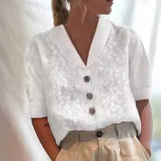 women's V-neck loose casual five-quarter sleeve embroidered top m301713