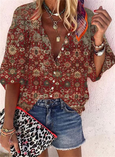 women's clothing stand-up collar loose button retro printed casual shirt m301723