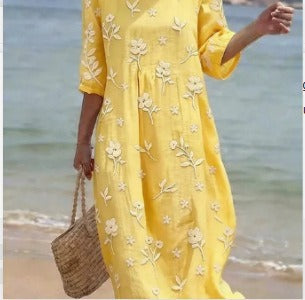 Women's medium and long sleeves side bag crew neck dress seaside vacation loose dress m302606