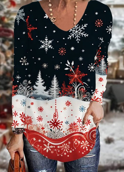 Loose 3D V-neck long-sleeved T-shirt women's Christmas printed bottoming shirt m302098