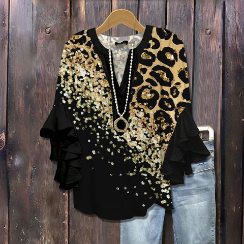 Creative floral element printing digital printing casual trend V-neck lotus edge T-shirt women's m301769