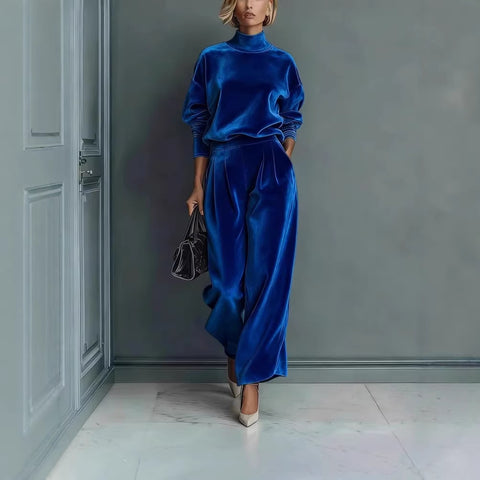 Casual two-piece suit golden velvet long-sleeved solid color high-necked wide-leg pants m302327