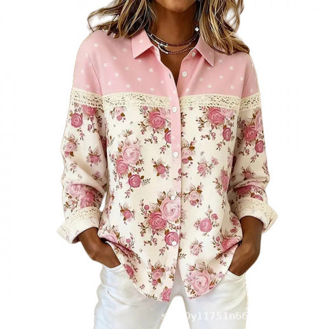 3D digital flower print pink fresh and sweet floral shirt versatile women's top m302217