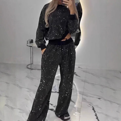 Women's Starry Sky Full of Stars Long Sleeve Crew Neck Loose Top Drawstring Wide Leg Two-piece Set m301500