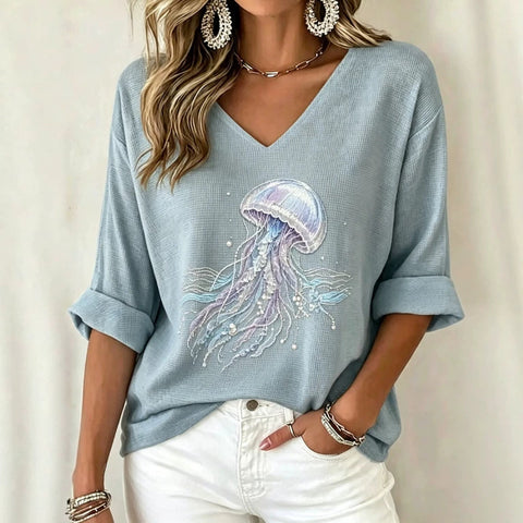 Shoulder V-neck long-sleeved pullover print women's T-shirt m303200