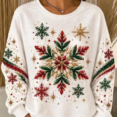 Snowflake print crew neck long-sleeved casual pullover sweater FF303508