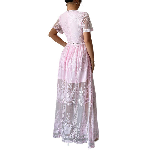 Elegant lace cutout short-sleeved long dress dress m301392