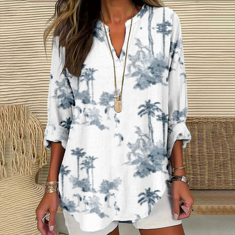 Loose 3D Printed V-Neck Shirt Long Sleeve T-Shirt m301360