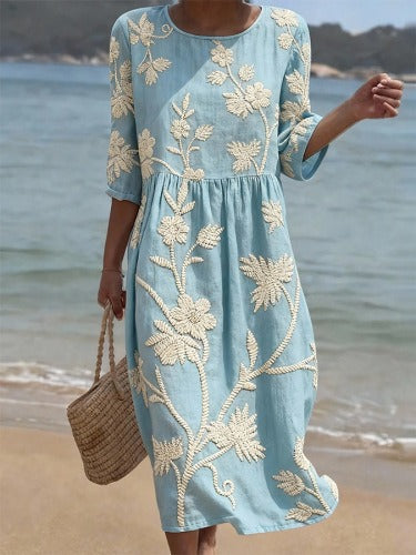 Women's medium and long sleeves side bag crew neck dress seaside vacation loose dress m302606