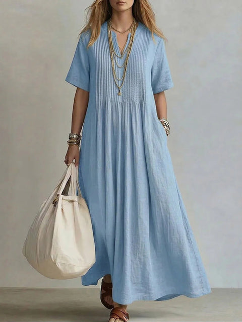 Ladies casual loose V-neck short-sleeved pleated cotton and linen dress m303244