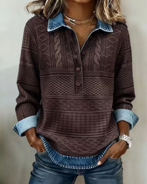 Wind knitted lapel long-sleeved shirt women's autumn and winter versatile casual shirt splicing denim m302241