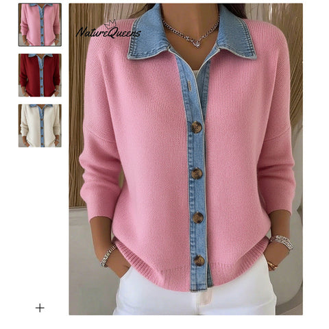 Unique denim splicing collar cardigan women's spring sweater small shirt slim long-sleeved top m302110
