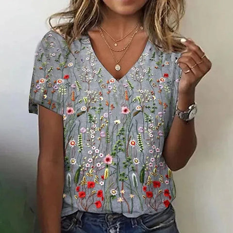 Faux cotton short-sleeve V-neck printed women's wear m303193