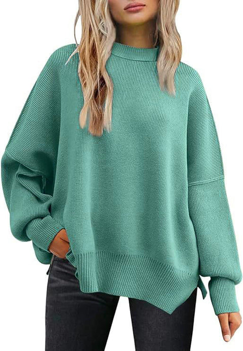Crew neck bat wing long-sleeved sweater autumn knitted side slit jumper m301590