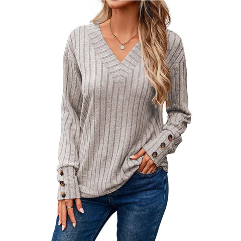 Women's Long Sleeve V-Neck Shirt Solid Color Button T-Shirt m300528
