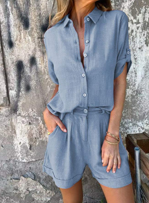 Spring and summer new cotton and linen short-sleeved shorts casual suit women's m302947