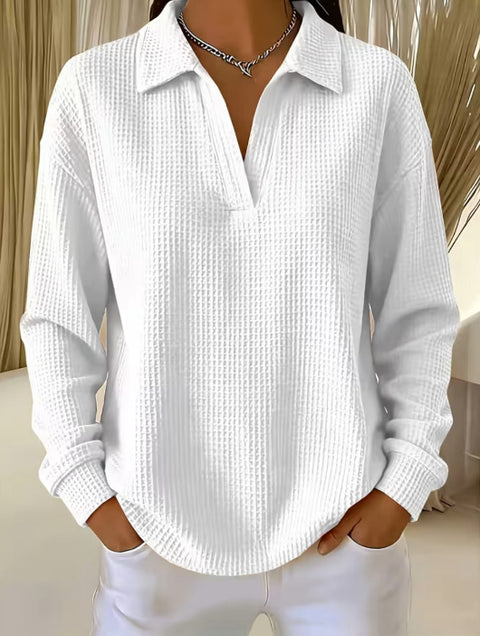 Waffle Lapel Long Sleeve Polo Top m303214