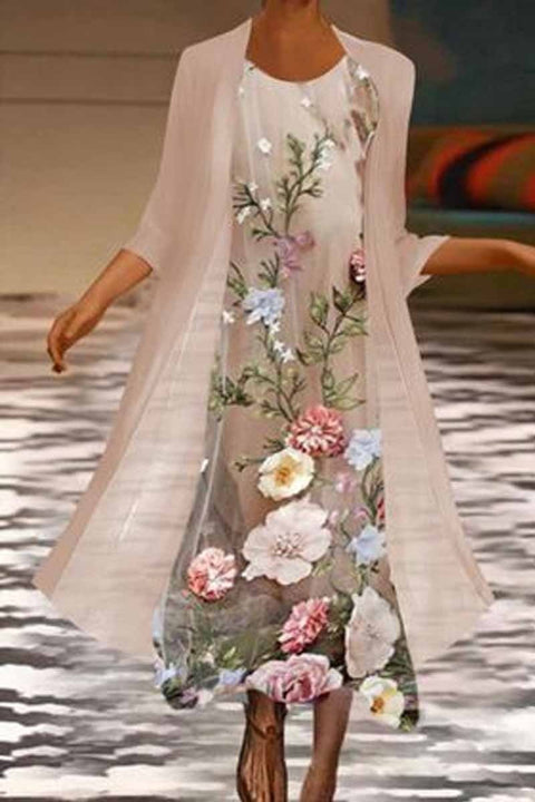 New women's long dress two-piece set flower and grass print crew neck dress m301251