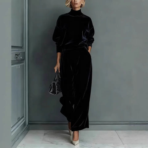 Casual two-piece suit golden velvet long-sleeved solid color high-necked wide-leg pants m302327