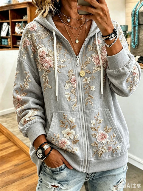Sequin floral elements 3D digital printing loose casual hooded sweater m303215