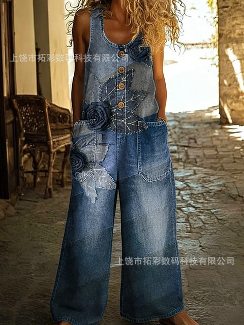 Retro trend wide-leg pants overalls women's sleeveless imitation denim m302436
