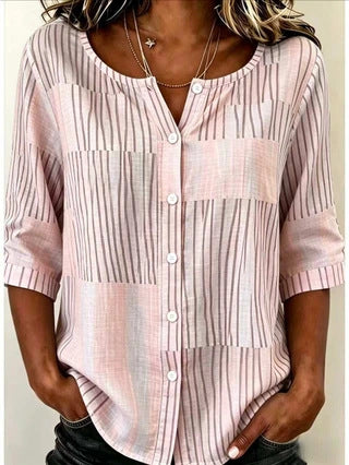 Cotton and linen shirt round neck seven-quarter sleeve single-breasted casual top m303032